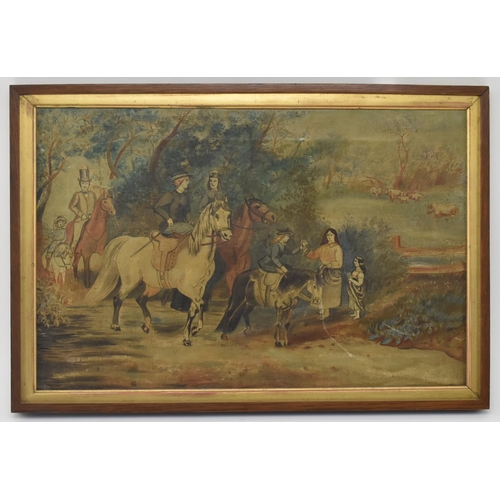 499 - A 19th century oil on canvas painting. The painting depicting horse trailing with woodlands in the b... 