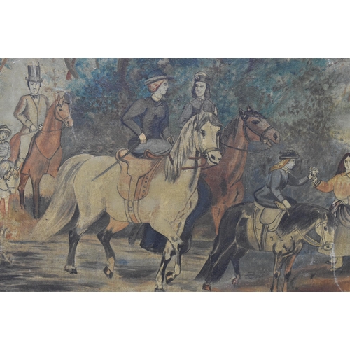 499 - A 19th century oil on canvas painting. The painting depicting horse trailing with woodlands in the b... 