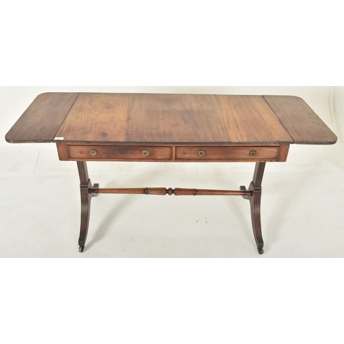 508 - A George III 19th century mahogany drop leaf writing table desk - sofa table. The table having a rec... 