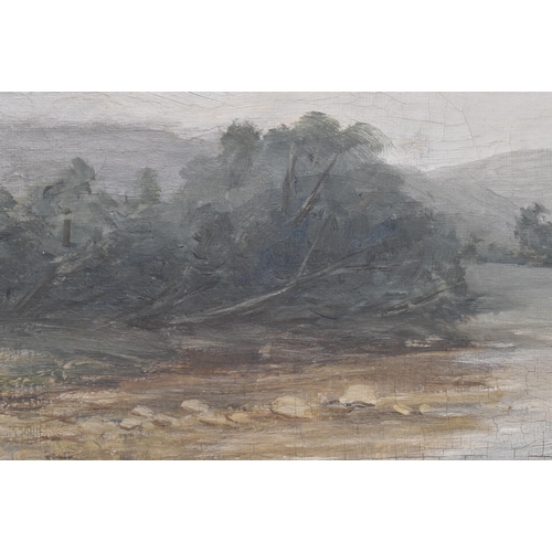 551 - A Victorian 19th century English School oil on canvas landscape painting of riverside. Illegibly sig... 