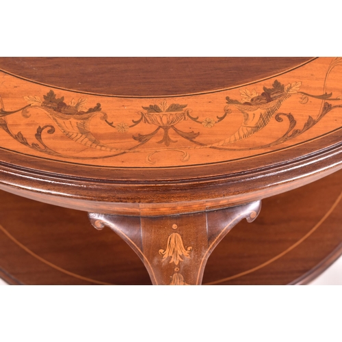 552 - An Edwardian early 20th century Arts & Crafts mahogany & satinwood inlaid two tier circular ... 