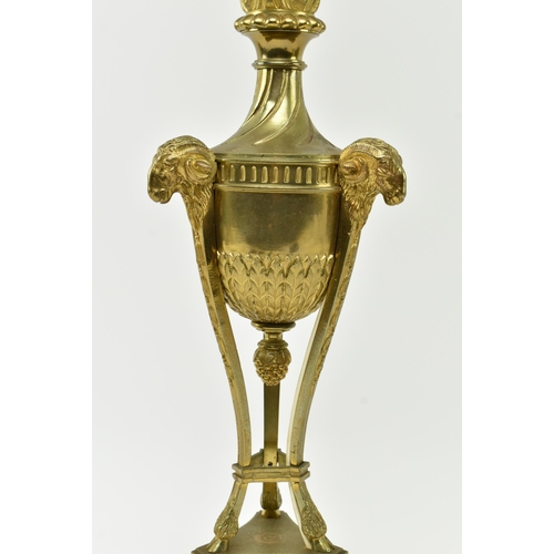 553 - A French Empire 19th century gilt metal & frosted glass ram heads desk table lamp light. The lam... 