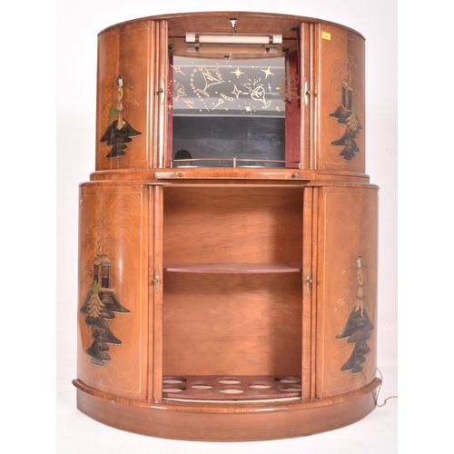 566 - An Art Deco circa 1930s walnut & chinoiserie painted half moon cocktail / bar drinks cabinet. Th... 