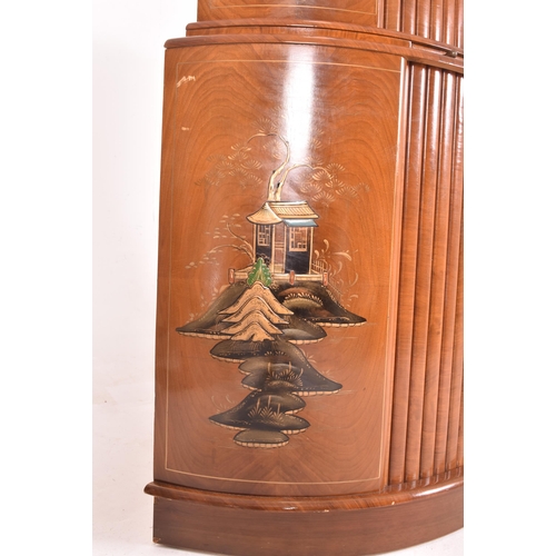 566 - An Art Deco circa 1930s walnut & chinoiserie painted half moon cocktail / bar drinks cabinet. Th... 