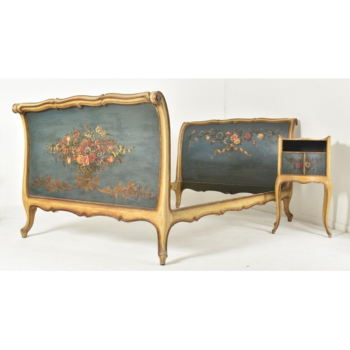 572 - A French continental early 20th century hand painted wooden double bed frame with matching bedside c... 