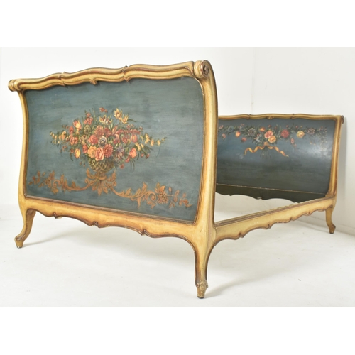 572 - A French continental early 20th century hand painted wooden double bed frame with matching bedside c... 