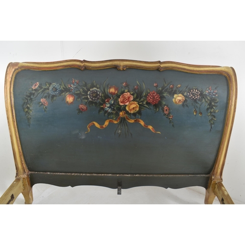 572 - A French continental early 20th century hand painted wooden double bed frame with matching bedside c... 