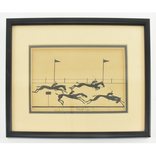 580 - A late 19th century High Victorian silhouette painting of a horse race titled 'Finish!' Depicting fo... 