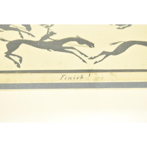 580 - A late 19th century High Victorian silhouette painting of a horse race titled 'Finish!' Depicting fo... 