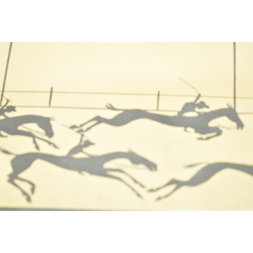 580 - A late 19th century High Victorian silhouette painting of a horse race titled 'Finish!' Depicting fo... 