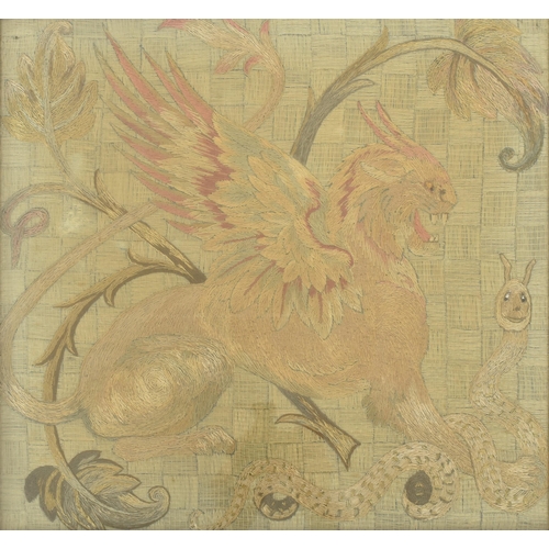 582 - A late 19th / early 20th century tapestry depicting a winged griffin slaying a snake. With bead deta... 