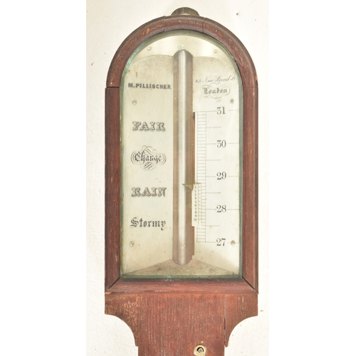 427 - A George III 18th century M. Pillischer of London stick wall barometer. The barometer in oak case wi... 