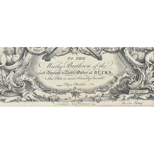 197 - The Society of Bucks - a mid 18th century 1748 Rococo engraving on paper by H. Copeland of Gutter La... 