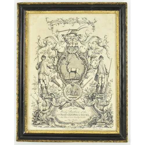 197 - The Society of Bucks - a mid 18th century 1748 Rococo engraving on paper by H. Copeland of Gutter La... 