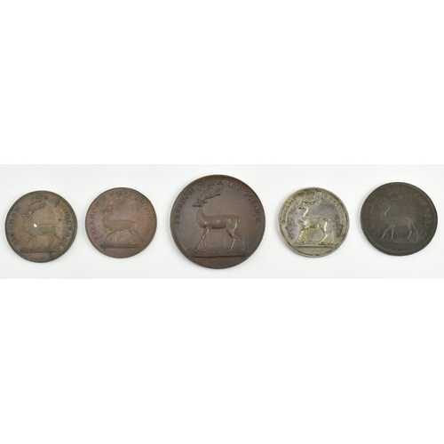 198 - The Society of Bucks - five late 18th century copper tokens coins. The lot to include a copper 1797 ... 