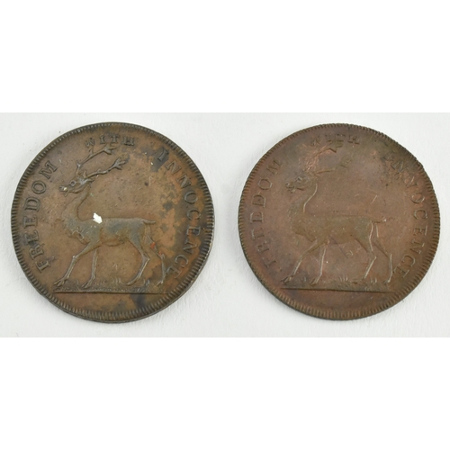 198 - The Society of Bucks - five late 18th century copper tokens coins. The lot to include a copper 1797 ... 