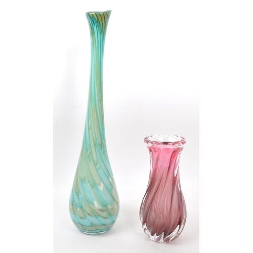 12 - Two mid century glass vases, featuring a blue and green feathered Murano style vase and the other a ... 