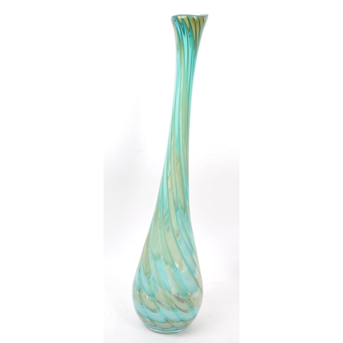 12 - Two mid century glass vases, featuring a blue and green feathered Murano style vase and the other a ... 