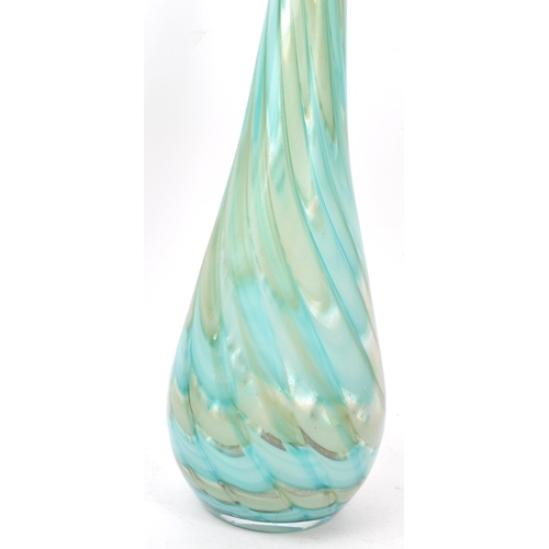 12 - Two mid century glass vases, featuring a blue and green feathered Murano style vase and the other a ... 