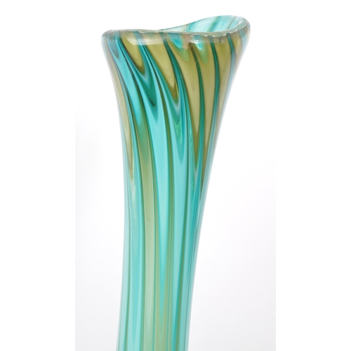 12 - Two mid century glass vases, featuring a blue and green feathered Murano style vase and the other a ... 