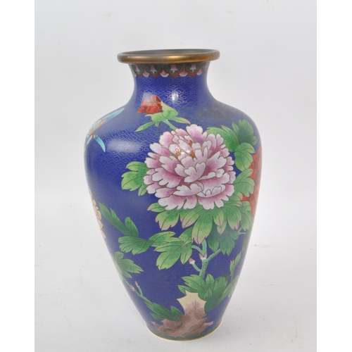 13 - A vintage 1920s blue enamel cloisonne vase, decorated to the main body with pink and red flowers and... 