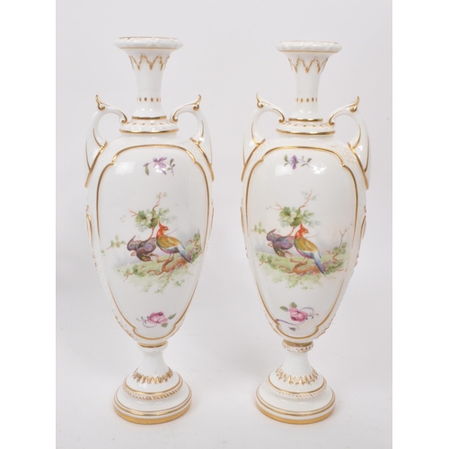 133 - Royal Worcester - A pair of early 20th century fine bone china vases, decorated to the front with ex... 