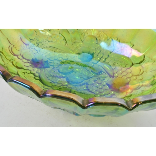 14 - A vintage late 20th century Indiana Carnival iridescent lime green glass centrepiece oval bowl, rais... 