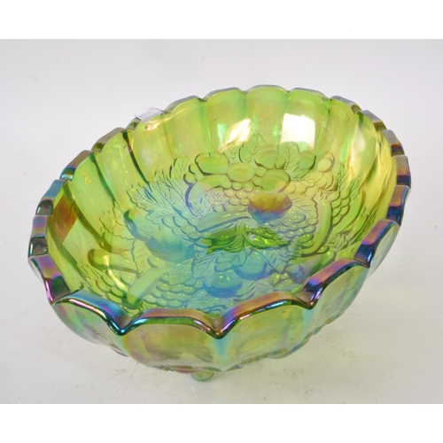 14 - A vintage late 20th century Indiana Carnival iridescent lime green glass centrepiece oval bowl, rais... 