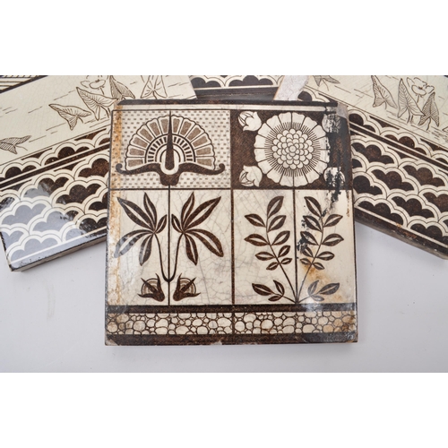 144 - Wedgwood - Etruria - A collection of nine Victorian square ceramic tiles, in two brown and cream-col... 