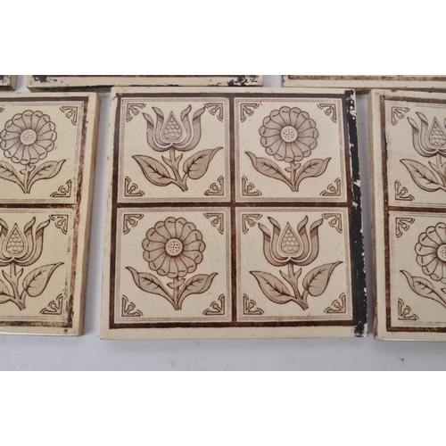 145 - A collection of ten Victorian aesthetic period ceramic tiles, featuring brown and cream-coloured flo... 