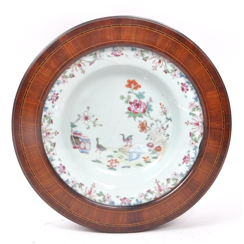 15 - An 18th century Chinese Famille Rose plate / dish in an inlaid Edwardian case. Believed to be from t... 