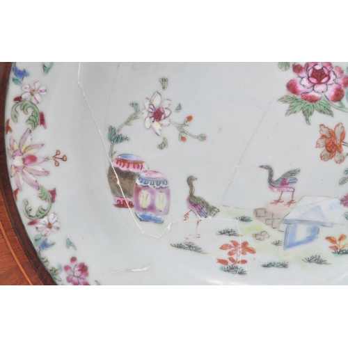 15 - An 18th century Chinese Famille Rose plate / dish in an inlaid Edwardian case. Believed to be from t... 