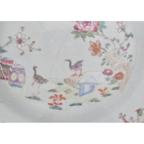 15 - An 18th century Chinese Famille Rose plate / dish in an inlaid Edwardian case. Believed to be from t... 