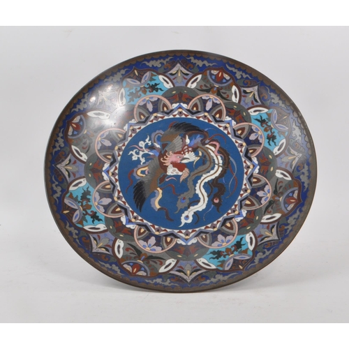 18 - A vintage early 20th century Japanese cloisonne metal dish. Decorated in blue, purple and red colour... 