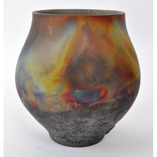 180 - Tim Andrews (B. 1960) - A vintage late 20th-century ceramic raku vase, with smoky yellow, blue, and ... 