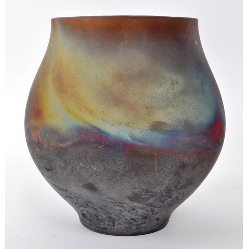 180 - Tim Andrews (B. 1960) - A vintage late 20th-century ceramic raku vase, with smoky yellow, blue, and ... 