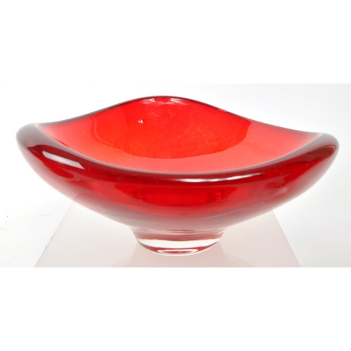 197 - Four vintage mid-century, believed to be Whitefriars, red glass pieces. Including two small vases, a... 