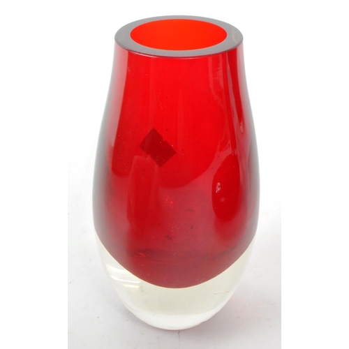 197 - Four vintage mid-century, believed to be Whitefriars, red glass pieces. Including two small vases, a... 