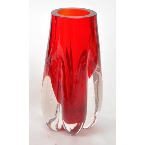 197 - Four vintage mid-century, believed to be Whitefriars, red glass pieces. Including two small vases, a... 