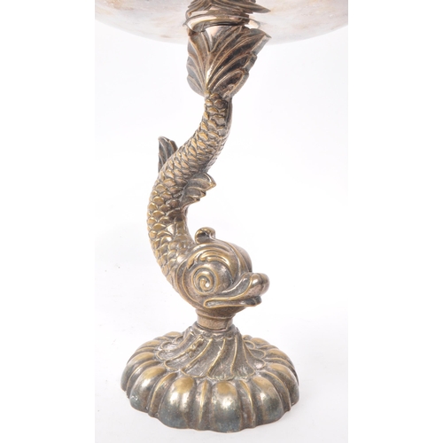 213 - A late 19th century brass silver plate Cutajar Works Malta tazza stand, featuring a fish shaped mari... 