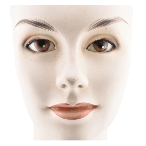 213A - An Art Deco shop display mannequin female head bust. Plaster construction with Deco style smokey eye... 