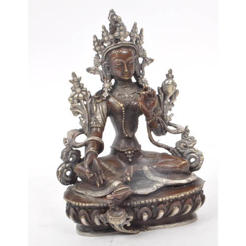 218 - A vintage 20th century bronze cast Buddha figure. Featuring silver toned decoration to the floral im... 