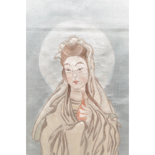 223 - A vintage early 20th century Chinese silk picture, with grey, silver and blue silk colours featuring... 