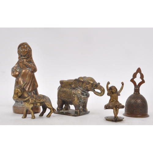 228 - A collection of five vintage bronze sculptures / pieces, including a bell, a donkey, a girl, an elep... 