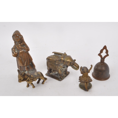 228 - A collection of five vintage bronze sculptures / pieces, including a bell, a donkey, a girl, an elep... 