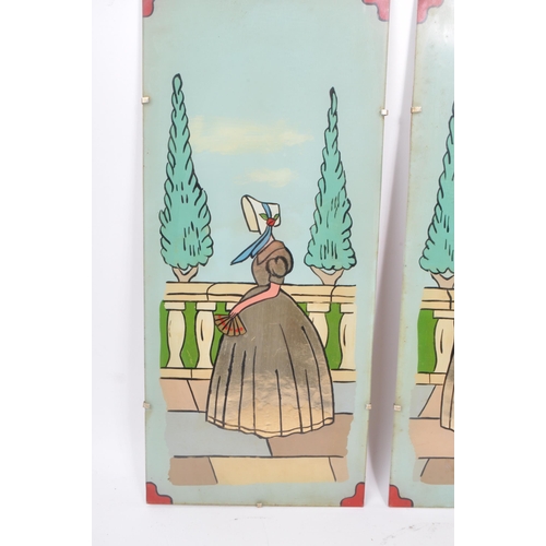 232 - A pair of mid 20th century handpainted glass crinoline ladies panes. Each mounted on chipboard backi... 