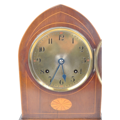 247 - New Haven - A vintage Edwardian British inlaid mahogany mantel clock, featuring a brass clock face w... 