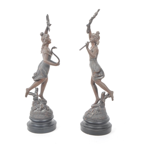 287 - A pair of French fabrication Francaise spelter figures. After Auguste Moreau La Forfune. Depicting f... 