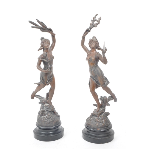 287 - A pair of French fabrication Francaise spelter figures. After Auguste Moreau La Forfune. Depicting f... 