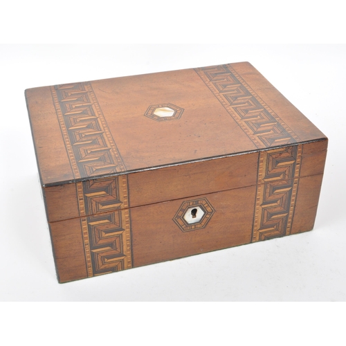 293 - A collection of three late 19th century Victorian Tunbridge jewellery boxes. Two examples with mothe... 